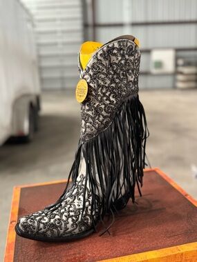 Corral Black & White Embroidered Fringe Western Boot